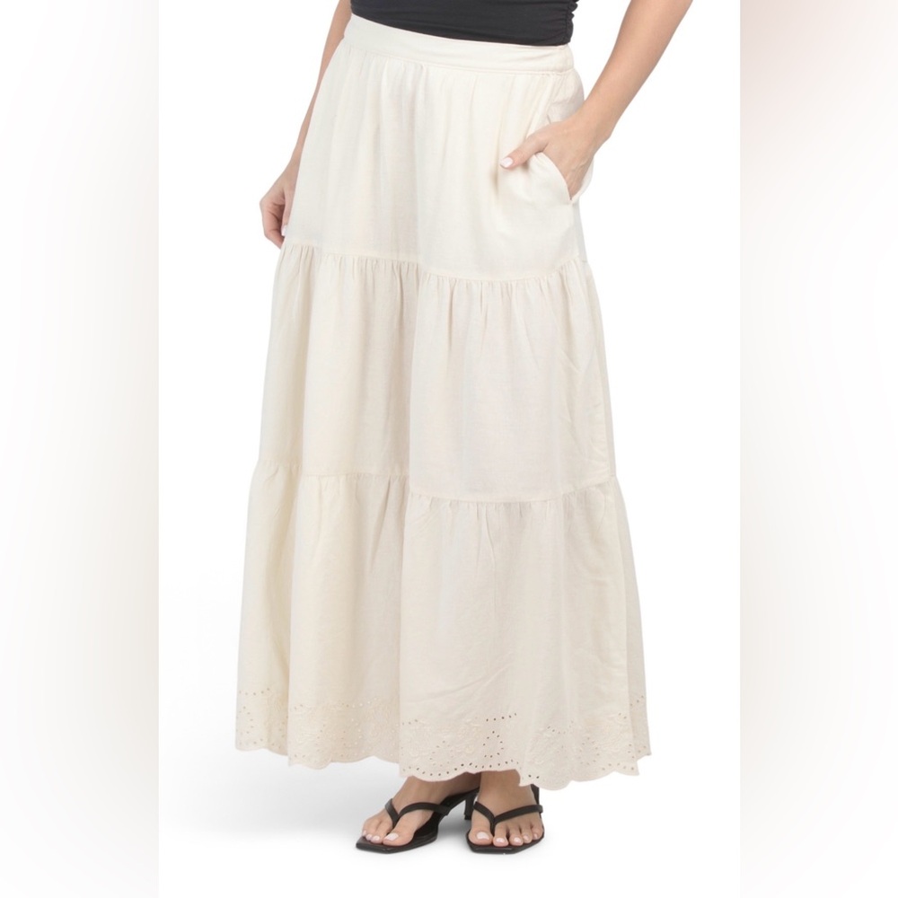 NWT ✨ Cream Linen Tiered Eyelet Maxi Skirt